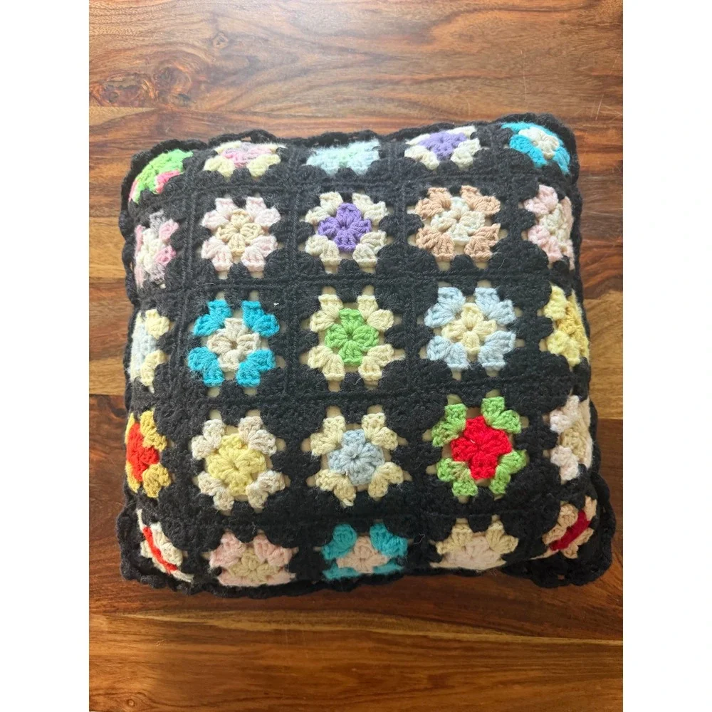 Handmade Crochet Granny Square Throw Pillow Black Multi Color Retro‎ Boho 13x13